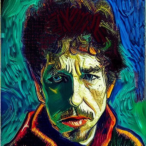 Image similar to an artistic portrait of bob dylan, high quality, studio photography, colourful, hero, heroic, beautiful, in the style of vincent van gogh