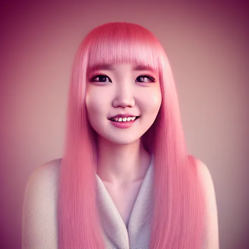 Image similar to beautiful hyperrealism selfie of nikki from shining nikki, a cute 3 d young woman smiling sofly, long light pink hair and full bangs, flushed face, small heart - shaped face, amber eyes, chinese heritage, golden hour, 8 k, instagram