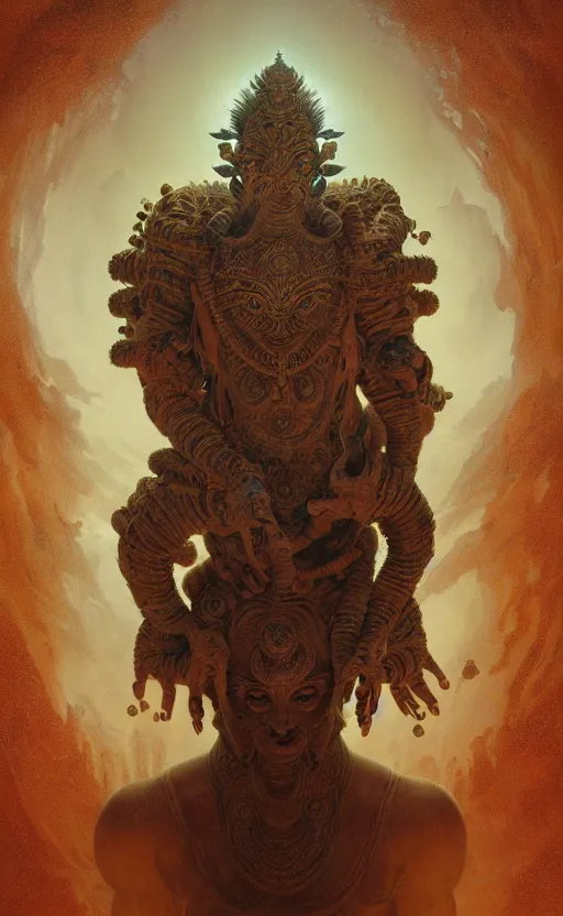 Image similar to an ancient hindu creature made of dust and earth, a mythological being that came from within the earth, a hindu god with many arms, gigantic, incomprehensible and frightening, trending on artstation, volumetric lighting, atmospheric portrait, highly detailed, art by greg rutkowski and alphonse mucha