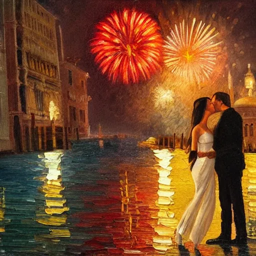 Image similar to an oil painting of couple kissing, in a background fireworks in venice