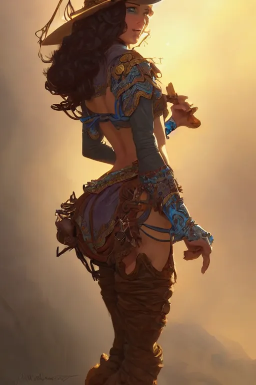 Image similar to beautiful female cowgirl, full body shot, d & d, fantasy, intricate, elegant, highly detailed, digital painting, artstation, concept art, matte, sharp focus, illustration, hearthstone, art by artgerm and greg rutkowski and alphonse mucha