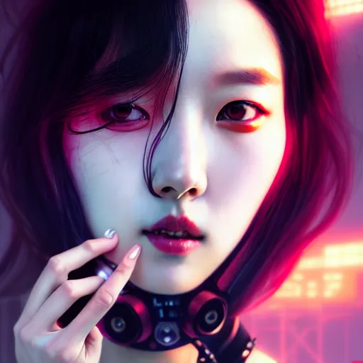 Image similar to portrait painting of kpop artist sunmi as a cyberpunk technician, ultra realistic, concept art, intricate details, eerie, highly detailed, photorealistic, octane render, 8 k, unreal engine. art by artgerm and greg rutkowski and magali villeneuve and alphonse mucha