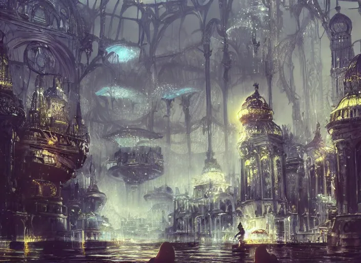 Prompt: A beautiful city under the ocean made of black steel and glass domes, anime, fountain, statue, a fantasy digital painting by Greg Rutkowski and James Gurney, trending on Artstation, highly detailed