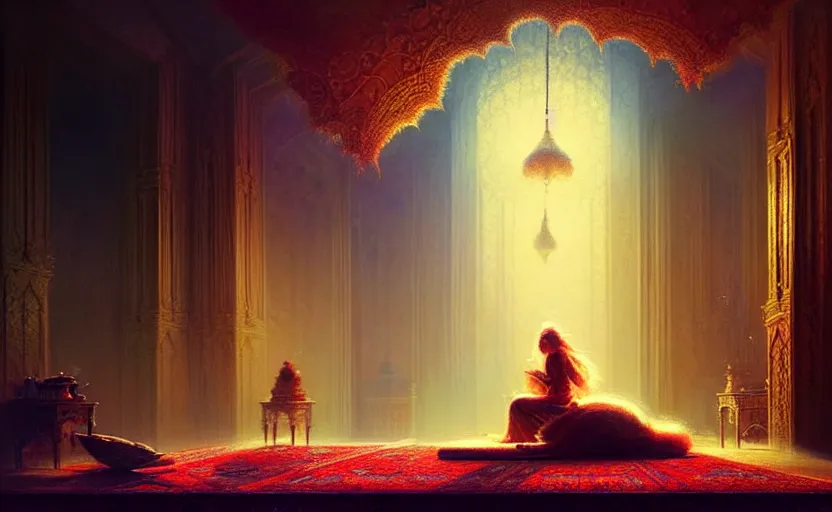 Image similar to magic fluffy Persian carpet dimension, by Greg Rutkowski and Gaston Bussiere, dim lighting, beautiful volumetric-lighting-style atmosphere, surreal atmosphere, intricate, detailed, photorealistic imagery, artstation