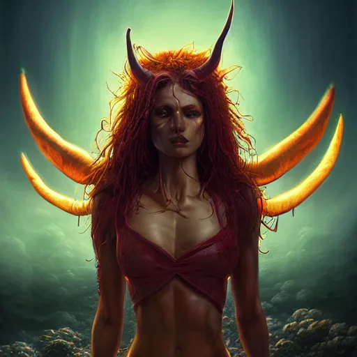 Prompt: Photorealistic demon goddess in the style of Michael Whelan and Greg Rutkowski. Hyperdetailed photorealism, 108 megapixels, amazing depth, glowing rich colors, powerful imagery, psychedelic Overtones, 3D finalrender, 3d shading, cinematic lighting, artstation concept art