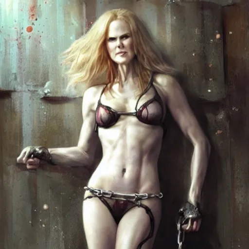 Image similar to nicole kidman chained to a wall in a dungeon, full body, beautiful painting by raymond swanland and magali villanueve, beautiful detailed body and face