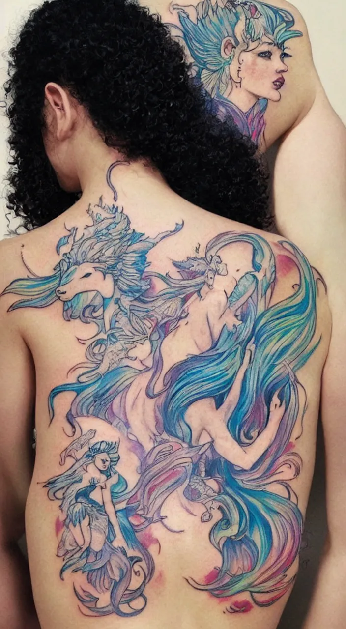 Prompt: beautiful woman looking over her shoulder, tattoo of unicorn mermaid and phoenix on her back, curly pixie hair, detailed, digital painting