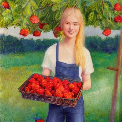 Prompt: Cute Blonde Girl 21 years old with locks sells Strawberries in a fruit stand, oil on canvas, Impressionism