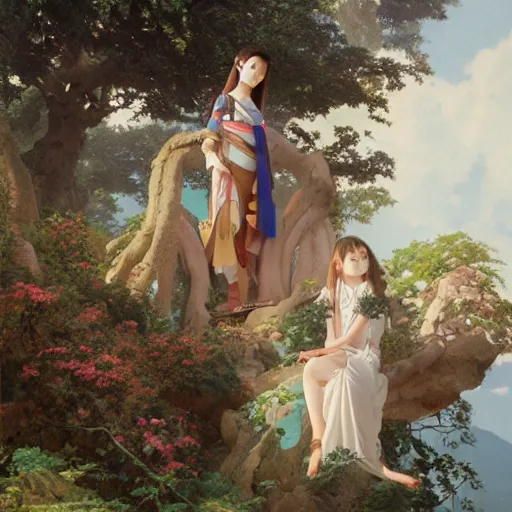 Image similar to dream painting by studio ghibli and henryk siemiradzki, epic multifigures composition