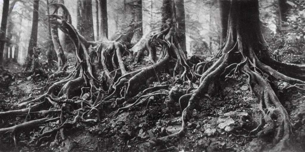 Image similar to 1 9 2 0 s photography of monster root creatures creeping and lurking in dark forest in the dolomites