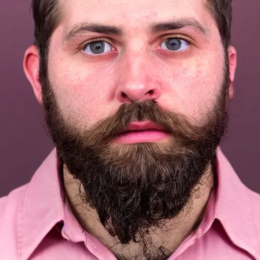 Prompt: a mugshot of a bearded man with brown hair in a pink shirt