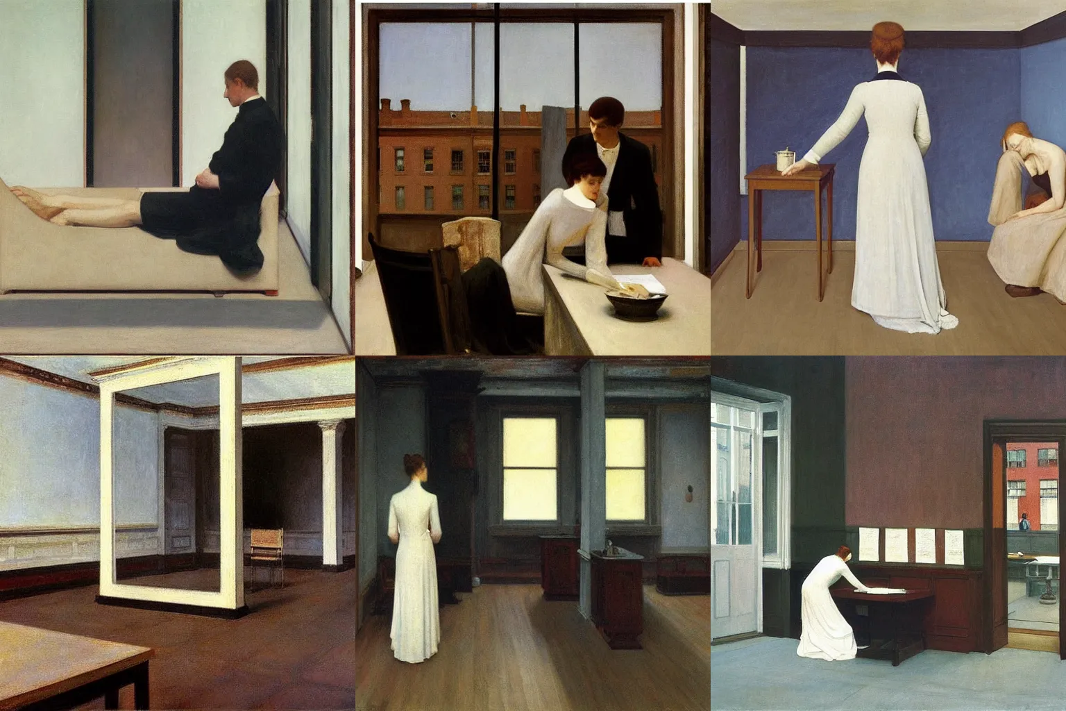 Prompt: union and dissolution. painting by edward hopper and fernand khnopff