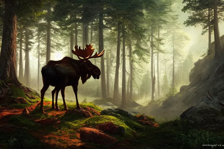 Image similar to a moose in the forest, beautiful dynamic lighting, cinematic, wide angle establishing shot, extremely high detail, photo realistic, cinematic lighting, post processed, concept art, artstation, matte painting, style by frederic church, raphael lacoste