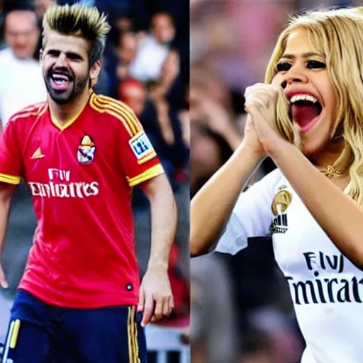 Image similar to shakira with the real madrid shirt laughing at gerard pique crying
