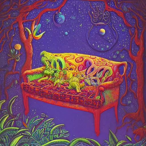 Image similar to psychedelic couch sofa in the lush forest, milky way, designed by moebius, rob gonsalves, gustav dore, giuseppe arcimboldo and carl barks, louis wain, trending on artstation, mediterranean, star, sharp focus, colorful refracted sparkles and lines, soft light, 8 k 4 k