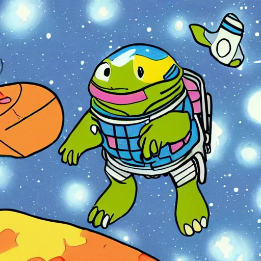 Image similar to a turtle as an astronaut on a space cowboy planet