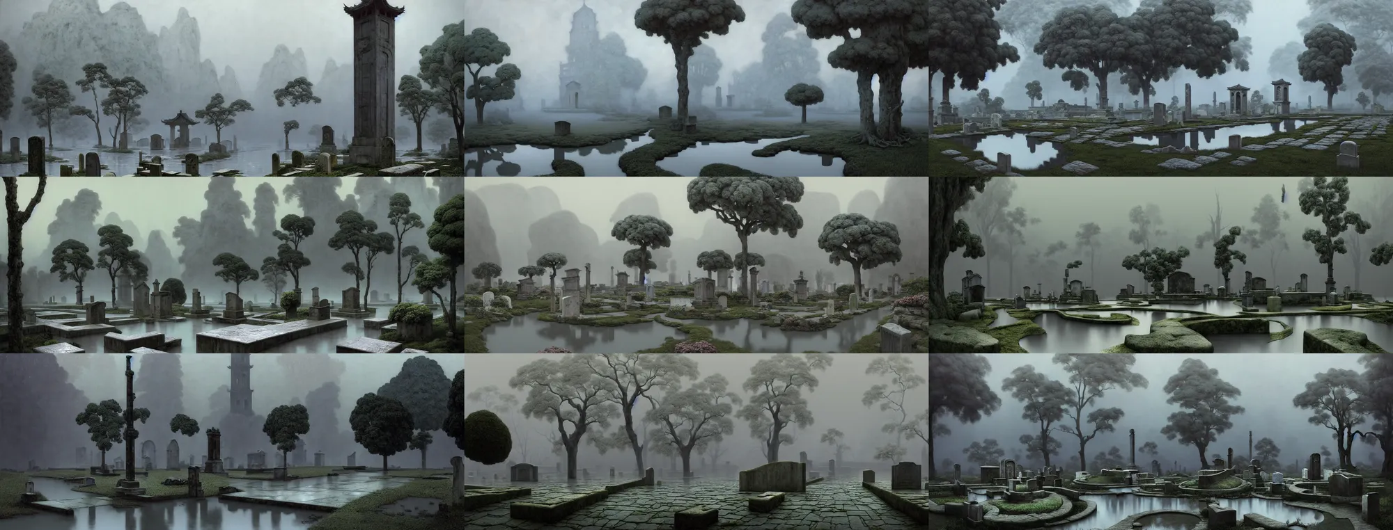 Prompt: a gorgeous bleak spring landscape painting by barlowe wayne maxfield parrish and marco mazzoni. rainy mood. traditional huizhou architecture. just one chinese tombstone. grey blue and very little light verdancy. wet winding stone steps. ultra clear detailed. 3 d, octane render. turbulent blood lake. fog, 8 k