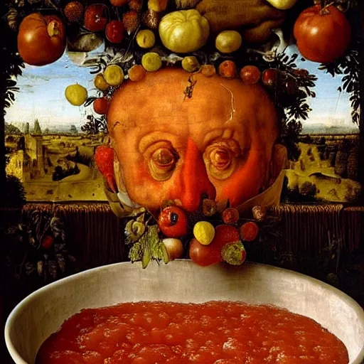 Image similar to a chef sitting in a bathtub full of tomato sauce, dinner is served, by giuseppe arcimboldo and ambrosius benson, renaissance, fruit, intricate and intense oil paint, realistic