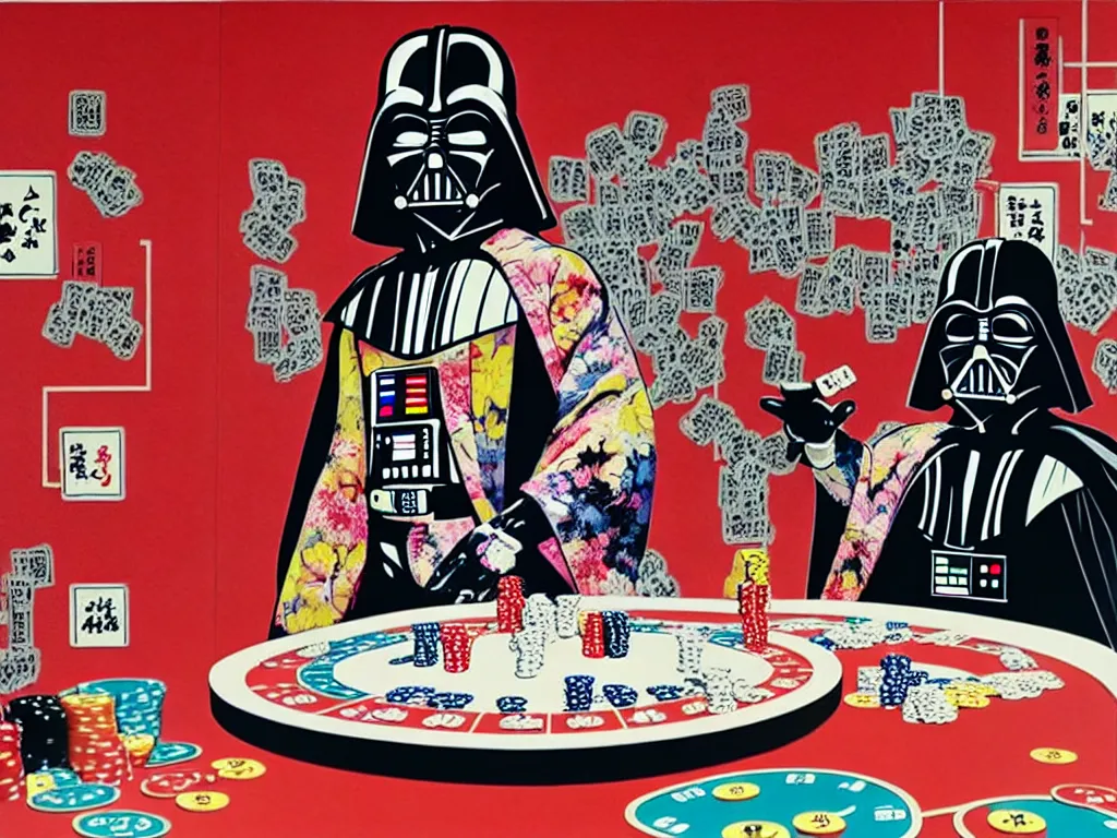 Prompt: hyper - realistic composition of a room with an extremely detailed poker table, woman in traditional japanese kimono standing nearby, darth vader sitting at the table, fireworks in the background, pop art style, jackie tsai style, andy warhol style, acrylic on canvas