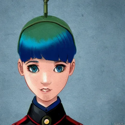 Prompt: girl in military uniform with short blue hair and sharp haircut in the style of Enki Bilal