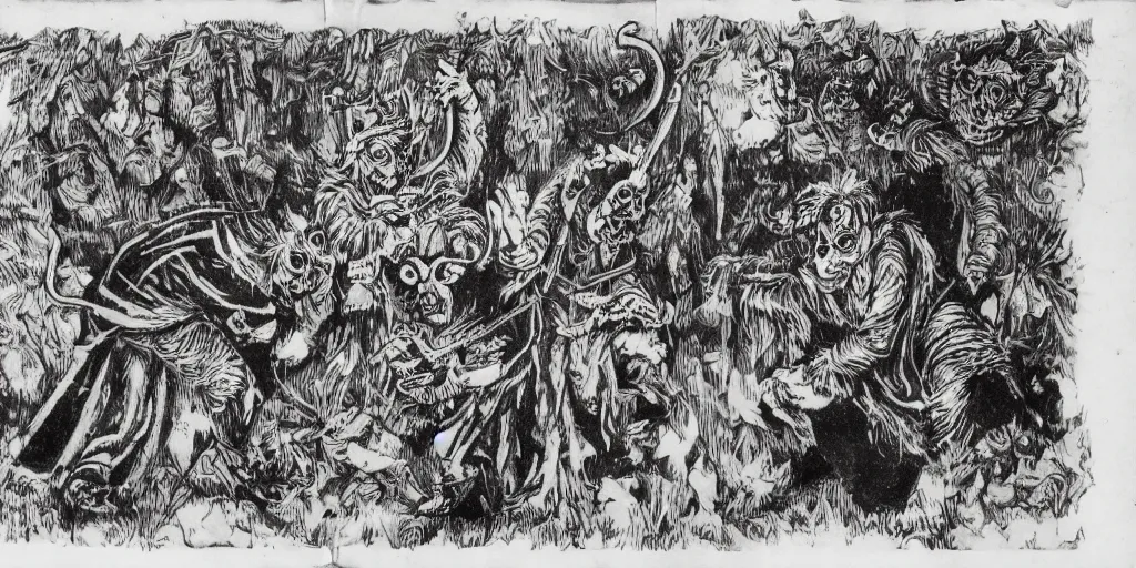 Image similar to scan of book with intricate ink drawings of tyrolean folklore masks, krampus, folklore, dance, dolomites, scary dark, dark ink, old paper