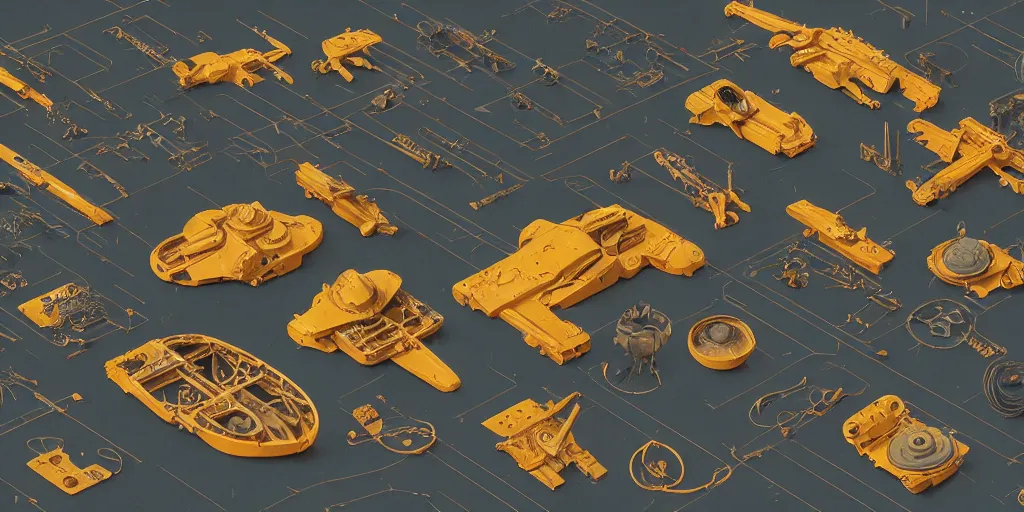 Image similar to collection of exploration of form and shapes, props, hard surface, panel, simon stalenhag, kitbash, items, gadget, big medium small, close up, vehicles, futuristic, parts, machinery, greebles, insanely detailed, case, hardware, golden ratio, wes anderson color scheme, in watercolor gouache detailed paintings