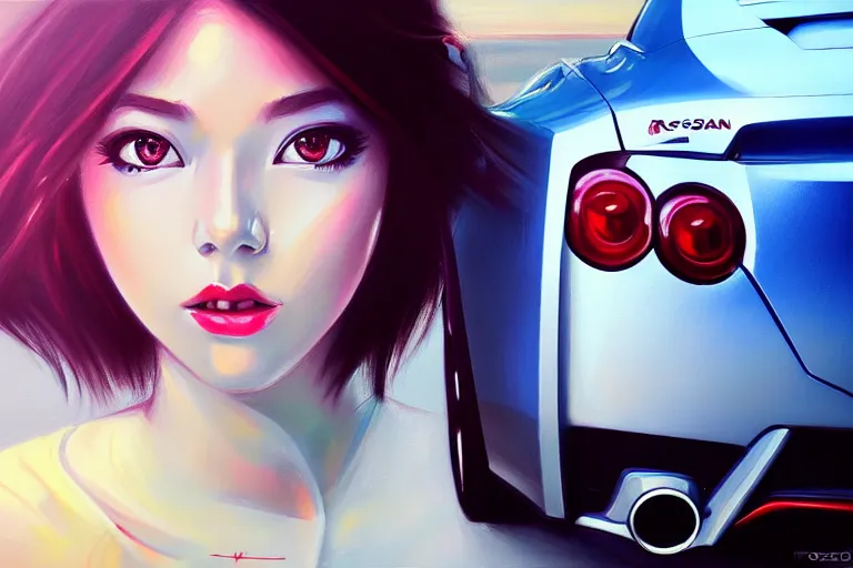 Prompt: A ultradetailed beautiful panting of a stylish girl standing in front of a Nissan GTR, Oil painting, by RossDraws