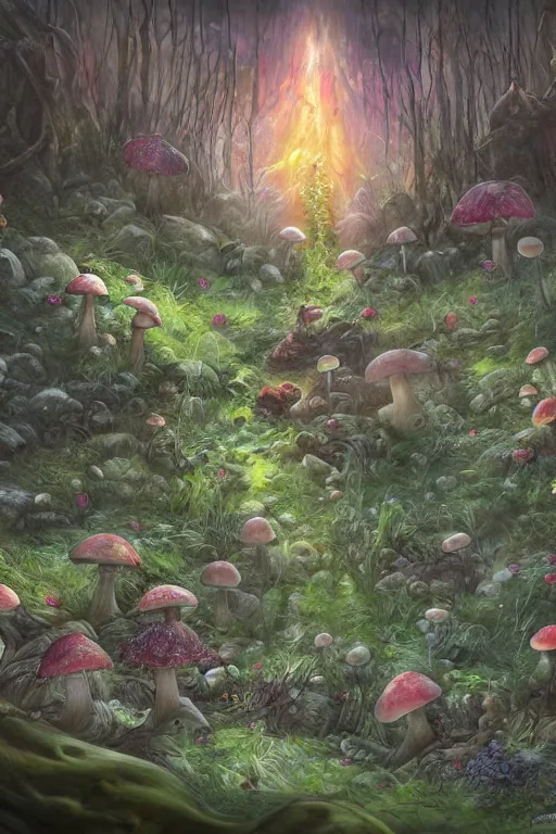 Prompt: corpse decaying on the forest floor, flowers and mushrooms grow from the corpse, god rays, concept art, fantasy, painting