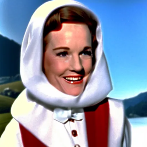 Image similar to julie andrews in a white cat costume, austria, film still, sound of music, 4 k, 8 k