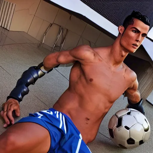 Image similar to a realistic detailed photo of a guy who is an attractive humanoid who is half robot and half humanoid, who is a male android, soccer player cristiano ronaldo, shiny skin, posing like a statue, blank stare, by the pool, on display, showing off his muscles, humanoid robot, gold soccer shorts