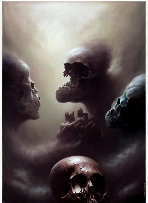 Image similar to shackled in the void of hell, frank frank frazetta and cgsociety, stunning god of sasquatch, charlie bowater and tom bagshaw, insanely detailed, deviantart, space art, atoms surrounded by skulls, death, and spirits deep under the haze smoke, horror, sci - fi, surrealist painting, by peter mohrbacher