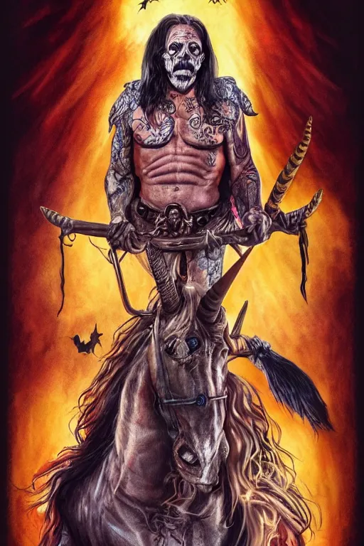 Image similar to danny trejo, full body, big two toned eyes, halloween, unicorns, intricate details, cinematic, epic, realistic, anatomy, lisa frank, uplight, artstation, photorealistic, scary