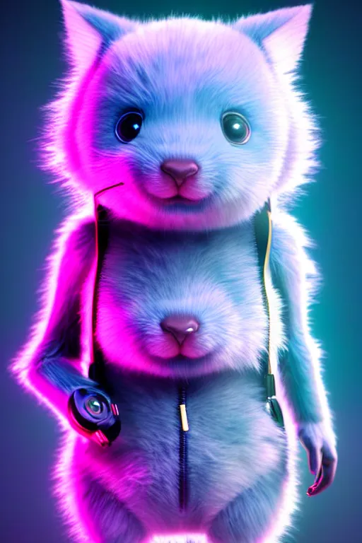 Image similar to high quality 3 d render neo - cyberpunk very cute half fluffy! wombat!! half cyborg with big headphones, pastel mechanical! paw, cyberpunk monocle!, highly detailed, unreal engine cinematic smooth, in the style of detective pikachu, hannah yata charlie immer, neon purple light, low angle, uhd 8 k, sharp focus