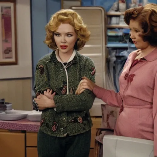Prompt: a tv still of scarlett johansson as Kitty Forman of That 70's show