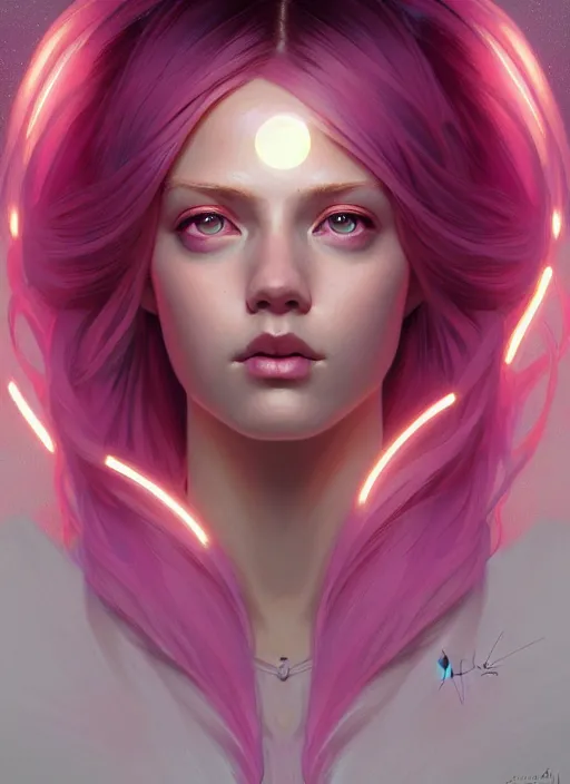 Image similar to symmetry!! portrait of student with pink hair, glowing lights!! intricate, elegant, highly detailed, digital painting, artstation, concept art, smooth, sharp focus, illustration, art by artgerm and greg rutkowski and alphonse mucha