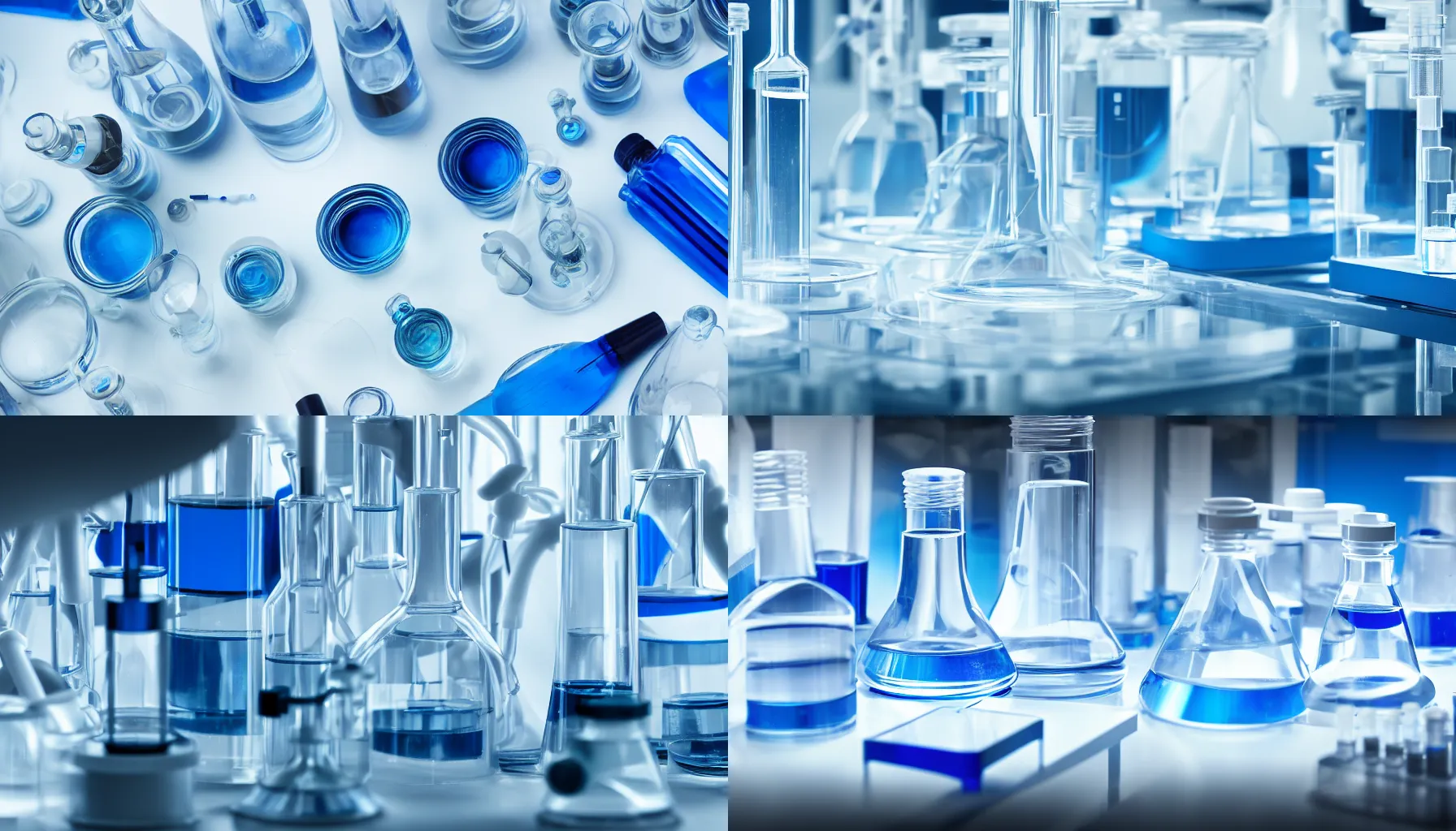 Prompt: biology laboratory, white and blue color scheme, reagents on the table, microscope, close - up. game cg, hyperdetailed, trending on cgsociety