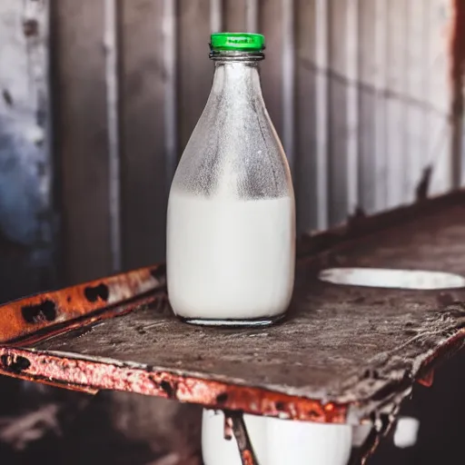 Image similar to bottle of milk, over a rusted metal table inside slaughterhouse