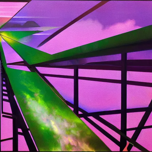 Image similar to a piece of purple sky with a green sun falls to the ground and breaks into fragments, metallic bridge, futurism, schizophrenia, hyperrealistic fall