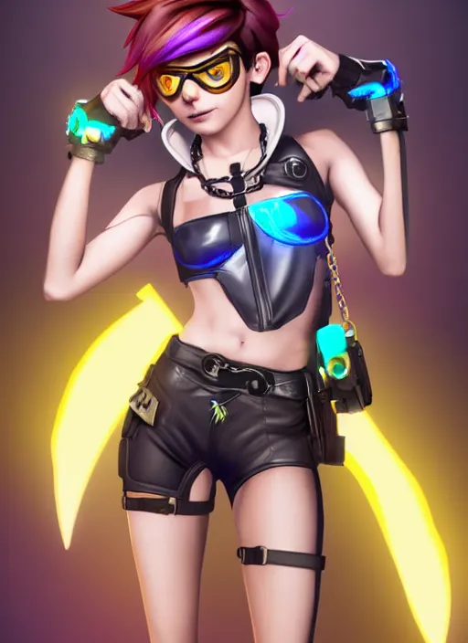 Image similar to full body digital artwork of tracer overwatch, wearing black iridescent rainbow latex tank top, 4 k, expressive happy smug expression, makeup, in style of mark arian, wearing detailed black leather collar, wearing chains, black leather harness, leather cuffs around wrists, detailed face and eyes,