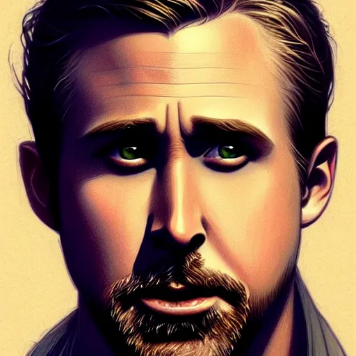 Image similar to Ryan Gosling face as Nathan Drake, western, D&D, fantasy, intricate, elegant, highly detailed, digital painting, artstation, concept art, matte, sharp focus, illustration, art by Artgerm and Greg Rutkowski and Alphonse Mucha