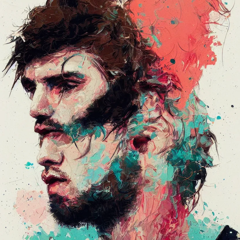 Image similar to close up portrait painting of a male musician in nineties street styling, concept art, intricate details, aesthetically pleasing pastel colors, art by conrad roset, impressionism, portrait