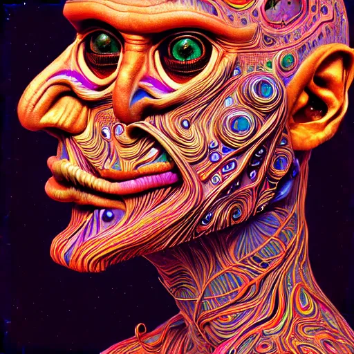 Image similar to An extremely psychedelic portrait of Groku, surreal, LSD, face, detailed, intricate, elegant, lithe, highly detailed, digital painting, artstation, concept art, smooth, sharp focus, illustration