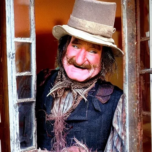 Image similar to robin williams as wurzel gummidge, looking in window at night, demented, wispy hair, drooling, slack jaw