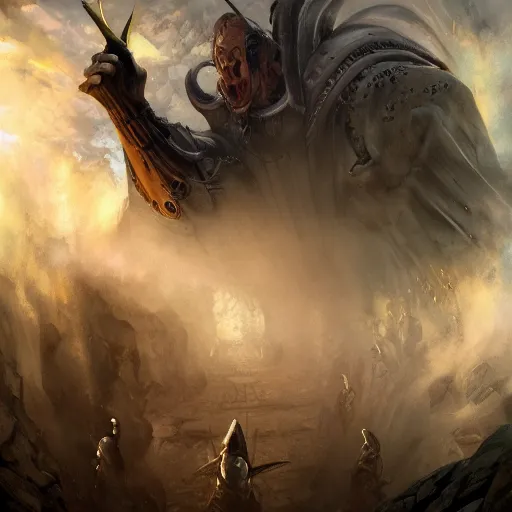 Image similar to a long path to heaven, mixed media painting, detailed, dungeons and dragons, magic the gathering, by mateusz ozminski, alejandro olmedo art, diego gisbert llorens, greg rutkowski, frank frazetta, boris vallejo, amazing detail, low angle, post - processing, masterpiece, cinematic, dramatic, dramatic lighting, sharp focus