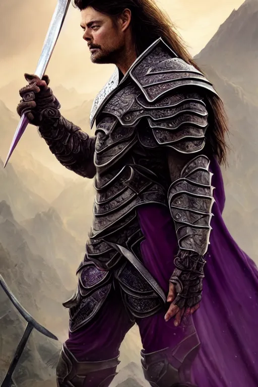 Prompt: Karl Urban as a Dragonslayer, wearing dark purple armor, draconic design, high fantasy, spear, no helmet, long hair, beard, by Frank Franzzeta, single character, full body on display, cgsociety, trending on artstation, artstationHD, artstationHQ, octane, extremelly detailed, ornamental, intrinsic, fine details, ultra HD