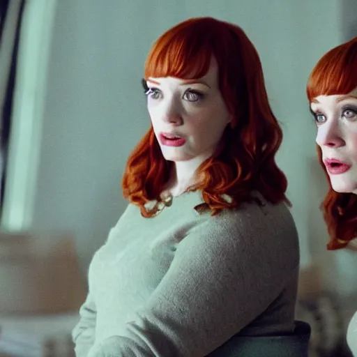 Image similar to a very surprised beautiful Christina Hendricks and her twin sister in the living room, film still from the movie directed by Denis Villeneuve with art direction by Salvador Dalí, wide lens