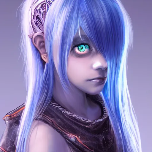 Prompt: portrait of young girl half dragon, dragon skin, dragon ears, blue hair, long hair, highly detailed 3D render, 8k, rpg concept art character, jrpg character, manga, anime, video game character, concept art, by Yoshitaka Amano