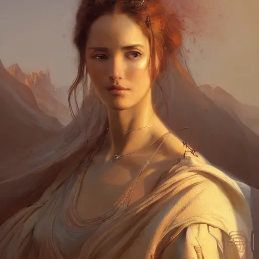 Prompt: a beautiful portrait painting of life on arrakis, masterpiece by famous artist nasreddine dinet and eugene de blaas and greg rutkowski and artgerm and wlop, path tracing, artstation