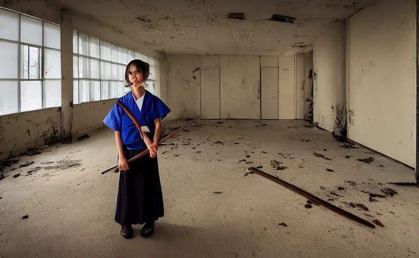 Image similar to School girl holding a katana and standing on an abandoned hospital room, by Robert Venosa