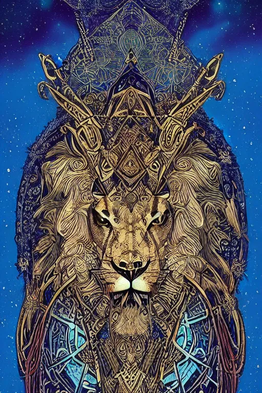 Prompt: beautiful fractal tarot card featuring a realistic and regal viking lion by Dan Mumford, by Jim Fitzpatrick, by joe wilson, featured on deviant art, trending on artstation